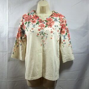 Sara Morgan Womens Top Blouse Size Small V-Neck Floral Beaded Cream Multi Color